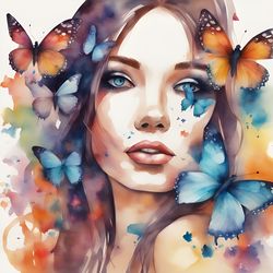 Girl With Butterflies Watercolor Printable 31