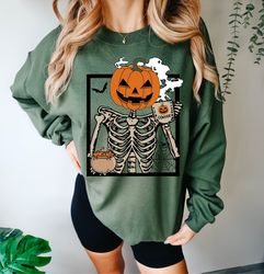 Halloween Pumpkin Coffee Sweatshirt, Cute Skeleton Halloween Shirt, Fall Coffee Lover Gift, Spooky Shirt, Retro Hallowee