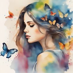 Girl With Butterflies Watercolor Printable 36
