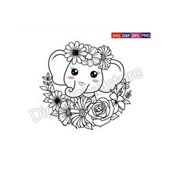 baby elephant with flower svg,floral elephant,cute baby elephant,baby elephant svg,baby elephant outline,svg file for cr
