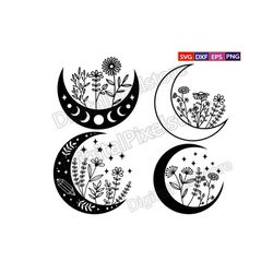 Wildflower moon svg,Floral Moon svg,Moon Flower Svg Cut Files,Mystical Moon Svg,Wildflower Svg,Boho svg files for Cricut
