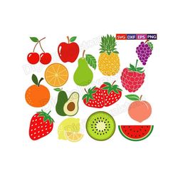 Fruit Bundle SVG,Fruit SVG,Orange,Apple,Pineapple,Pear,Grapes,Strawberry,Cherries,Fruit Clipart,Kiwi fruit,Lemon,Avocado