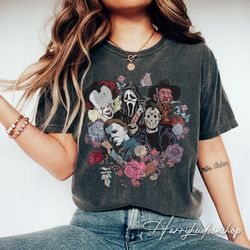 Vintage Horror Movies Floral Comfort Colors Shirt , Halloween Sweatshirt, Horror Movies Characters Shirt, Scary Movie Sh