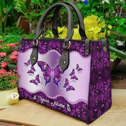 Butterfly Custom Name All Over Printed Leather Handbag,Tote Bag,Leather Tote For Women Leather handBag