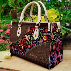 hippie handbag, hippie leather bag,flower child peace sign handbag