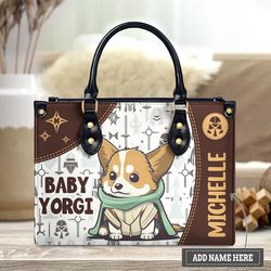 Personalized Baby Yorgi Leather Handbag, Cute Dog Women Handbag, Personalized Leather bag