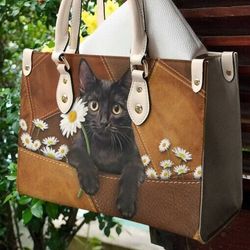 Personalized Cat Leather Handbag, Black Cat bag,Personalized Gift for Cat Lovers