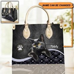 Personalized Cat Leather Handbag, Black Cat bag,Personalized Gift for Cat Lovers
