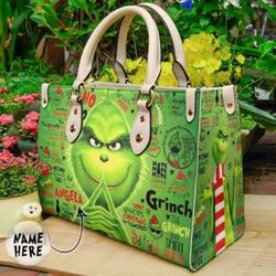Personalized Christmas Cute Grinch Handbag, Anniversary Grinch Handbag, Disney Leather Handbag