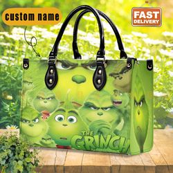 Grinch Christmas Leather Bag, Grinch Lover Handbag, Custom Leather Bag
