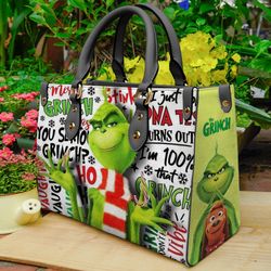 Grinch Christmas Leather Handbag, Funny Grinch Women Bag, Personalized Leather Bag