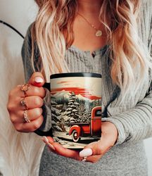 vintage christmas truck mug,  christmas gift mug, linocut style mug, christmas lover gift idea