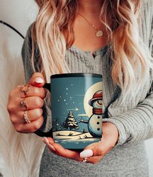 vintage snow man christmas mug, christmas lovers mug, christmas gift mug, linocut style mug