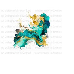 Aqua Blue And Gold Alcohol Ink Artwork Instant Download Printable JPG PDF PNG Digital Design Clip Art Image