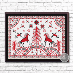 Cross Stitch Pattern Primitive Sampler. Christmas Tree and Horses. Folk Cross Stitch. Digital PDF File 372