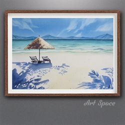 Original watercolor painting **Amazing beach**, decoration for office, palm tree, beach, sand, playroom, blue painting,