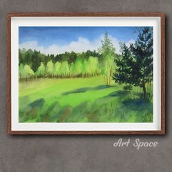 Original watercolor painting **Green meadow**, green picture, bright picture, decoration for office, nature, forest,