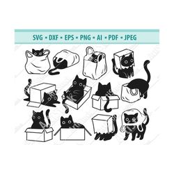 Playful cat SVG, Black cat svg, Shaggy cats svg, Cats in a box svg, File for cricut, Cats in a bag svg, Cat silhouette,
