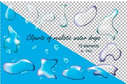 Realistic water drops. 15 cliparts