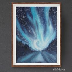 Original watercolor painting **Northern lights**, blue painting, nature, decoration for office, playroom, home