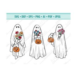 Ghost SVG File, Floral Ghost svg, Ghost clip art, Cute Ghost svg, Pumpkin bucket Svg, Halloween Svg, Flower Svg, Ghost w