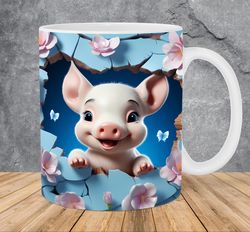 3D Baby Pig Hole In Blue Wall Mug
