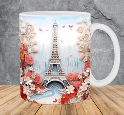 3D Eiffel Tower Red Cream Flowers Mug