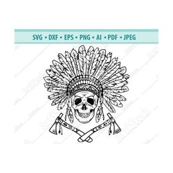 Indian Skull Svg, Head Dress Svg, Indian  Svg, Skull Clipart, Indian Skull in Headdress with Feathers, Indian chief Svg,