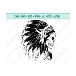 Indian Skull Svg, Head Dress, Indian skull in a headdress with feathers, .SVG .EPS .PNG Vector Clipart Digital Download