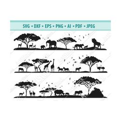 Safari Animal SVG, Elephant Svg, Giraffe Svg, Safari Clipart, Birds flying SVG, Scene African Animals Svg, Files for Cri