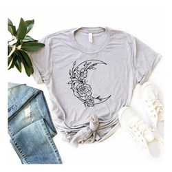 Floral Moon Shirt, Art Shirt, Floral Shirt, Moon Shirt, Moon Boho Shirt, Mystical Shirt, Half Moon Shirt, Shine Shirt