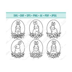 Cute bunny Svg, Rabbit SVG, Easter Svg, Rabbit with Flowers SVG, Rabbit cut file, Easter Bunny svg, Oval frame Svg, Bunn