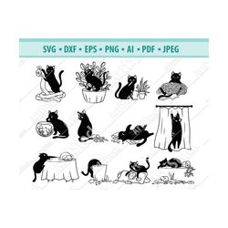 Playful cat svg, Black cat svg, Shocky cats svg, Cats in flower svg, File for cricut, Cats in a bag, Cat silhouette, Cat