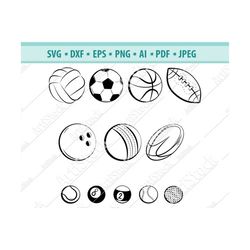 sports ball collection svg, dxf, png, basketball, baseball, volleyball, football, soccer ball, tennis ball, rugby ball s