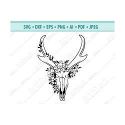 Animals skull with Flowers SVG, Deer Skull SVG, Flower Skull svg, Boho Skull svg file, Floral Deer Svg, Animal Skull cut