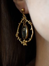 Pressed flowers earrings, Gold stainless steel earrings, Branch earrings
