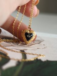 Pressed flower locket, Real flower small heart locket, Gold stainless steel necklace