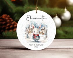 Babys First Christmas Rabbit Personalized Ceramic Ornament Home Decor Christmas Round