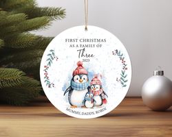Personalised First Christmas As A Family Of Three Decoration Penguin Ceramic Ornament