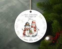 Personalised First Christmas As A Family Of Three Snowman Ceramic Ornament Home Decor
