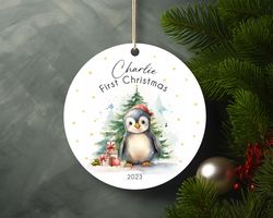 Personalized First Christmas 2023 Cute Baby Penguin Ceramic Ornament Home Decor Chris
