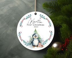 Personalized First Christmas 2023 Cute Baby Penguin Ceramic Ornament Home Decor Chris