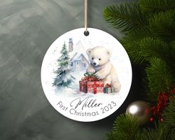 Personalized First Christmas 2023 Cute Baby Pola Bear Ceramic Ornament Home Decor Chr