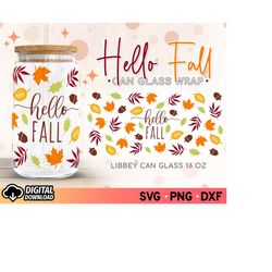 hello fall glass can svg, halloween libbey svg, fall can glass svg, autume leaves can glass svg, 16oz glass can wrap svg