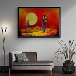 African Sunset Wall Art, Ethnic Framed Canvas, American Artwork, African Desert Canvas, African Decor, Sun Wall Art, Sil