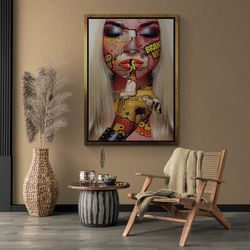 BE QUIET Woman Pop Art, Woman Face Pop Art Framed Canvas, Sexy Blonde Woman Wall Art, Fantasy Woman Rolled Canvas, Gold