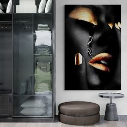 Black Woman Face Framed Canvas, Woman Tears Wall Art, Gold Glitter Woman Face Canvas, Woman Portrait Wall Art, Gold Lips