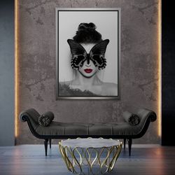 Butterfly Face Woman Framed Canvas, Butterfly Wall Art, Sensual Woman Canvas, Woman Face Wall Art, Red Lips Woman White