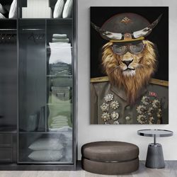 Commander Lion Framed Canvas, General Lion Wall Art, Animal Kingdom Canvas, Cool Lion Wall Art, Soldier Lion Canvas, Gol