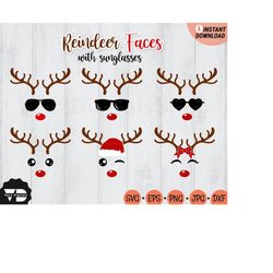 Reindeer with Sunglasses SVG, Reindeer Horns Svg File Cricut, Reindeer Face Svg, Rudolph Svg, Christmas Reindeer Svg, Re